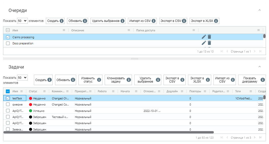 Queues and Tasks tables. Russian interface.